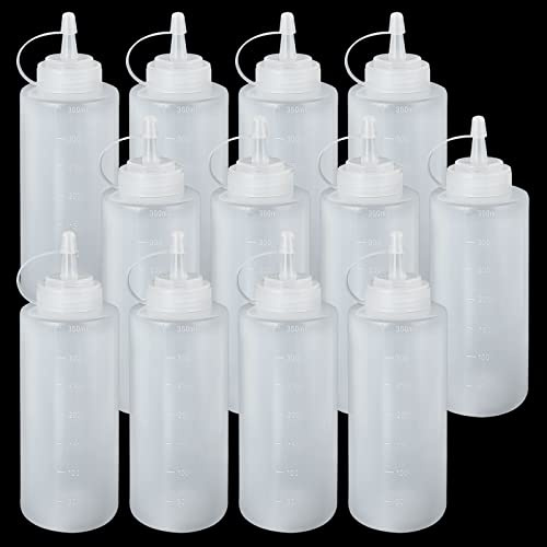 JMIATRY 12 Pcs Squeeze Bottles for Sauces, 360ml/12oz Plastic Sauce Bottle with Cap Lids and Scale, Squeezy Sauce Bottles for Ketchup, Barbecue Sauce and Olive Oil
