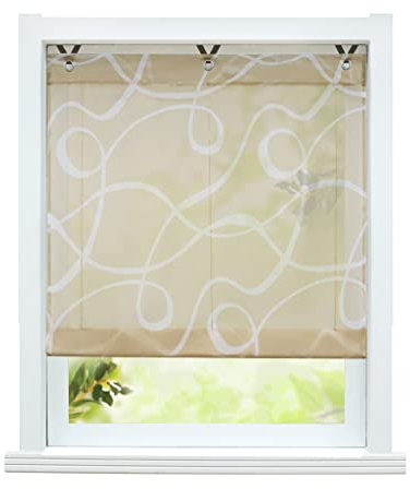 ESLIR Raffrollo ohne Bohren Raffgardine Transparent mit Ösen Voile Gardinen mit Haken Ösenrollo Modern Vorhänge Sand BxH 80x130cm 1 Stück