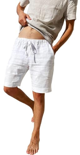 LVCBL Men's White Cotton Linen Blend Shorts - Classic Fit Casual Beach Shorts with Pockets and Elastic Waist White M