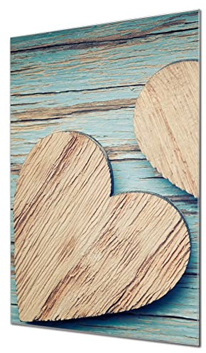 banjado Glas Magnettafel 40x60 in Holzoptik, beschreibbares Memoboard | Glas-Memoboard für Notizen und Fotos, mit Motiv Holz Herzen in warmer Holzoptik