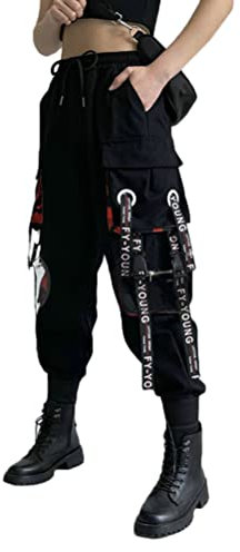 ORANDESIGNE Schwarz Freizeithosen Damen Cargo Hose Elastic Waist Buckle Ribbon Pocket Jogger High Streetwear Harajuku Hose Punk Ringkette Damenhose A Schwarz XL