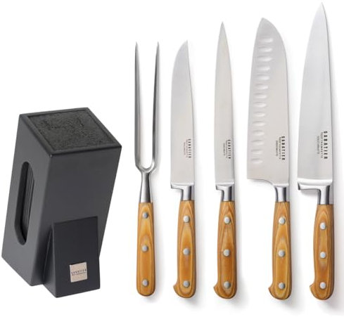 SABATIER TROMPETTE - Bloc tiges spaghetti en bois avec 4 couteaux et 1 fourchette de cuisine - Essentiel - MoV (Molybdène Vanadium) - 26 x 15.5 cm - Bois naturel