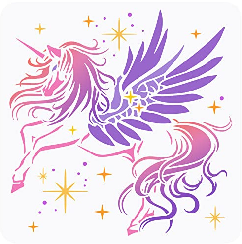 FINGERINSPIRE Einhorn Schablone 30x30cm Wiederverwendbare Einhorn Pegasus Zeichenschablone Einhorn Und Sternmuster Bastelschablone Traumthema Schablone Zum Malen An Der Wand, Holz, Stoff Und Möbel