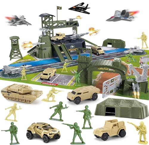 Militär-Basis-Set, Armee-Spielset mit Fahrzeugzubehör und Spielkarte, Mini-Armee-Spielzeug, Geschenke für Jungen und Mädchen, 3, 4, 5, 6, 7, 8 Jahre, 46-teilig