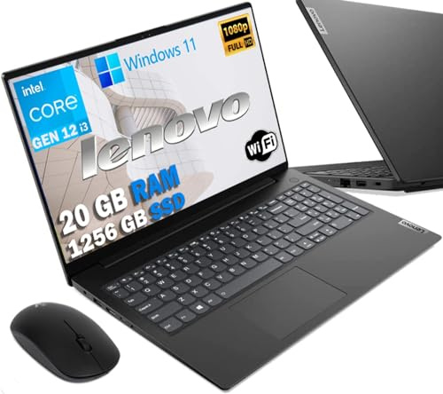Lenovo Notebook SSD Intel i3 di 12Th, Display da 15,6 FULL HD 1920x1080, Ram 20 Gb DDR4, SSD M2 1256Gb, lan, wifi,bt, Webcam, Win11 Pro, Libre Office, Pronto All'uso, Mouse OMAGGIO