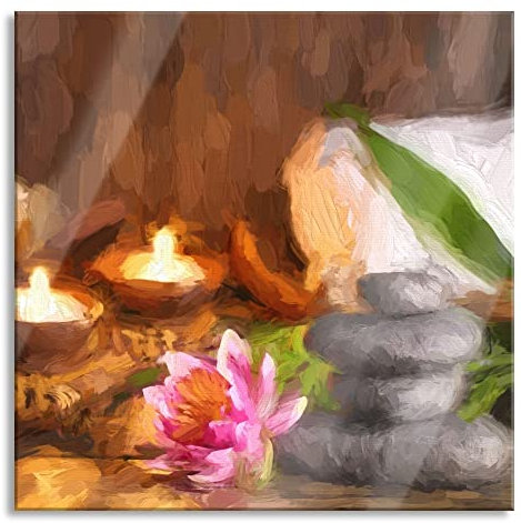 Pixxprint Glasbild, Wandbild auf Echtglas, Kerzen mit Zen Steinen und Seerose, 60x60 cm, inkl. Aufhängung und Abstandshalter