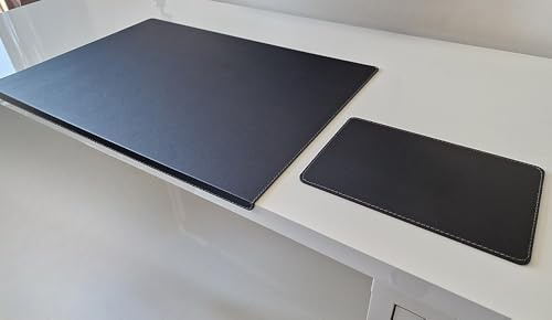 PM Schreibtischunterlage mit Kantenschutz und Mauspad Sanftlux Leder in 12 Farben 3 Gr. (Schwarz Naht Grau, 90cm x 48cm)