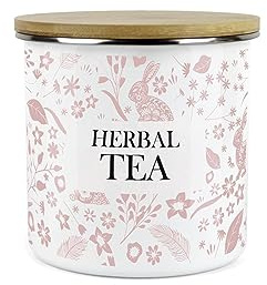 Purely Home Wild Rabbits Herbal Tea Canister - Pink Metal Enamel Medium Sized Kitchen Food Storage Container