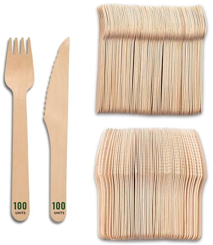100 Fourchettes + 100 Couteaux Jetables en Bois 16 cm | Couvert Jetable : Idéal pour les Pique-niques, Camping, Événements
