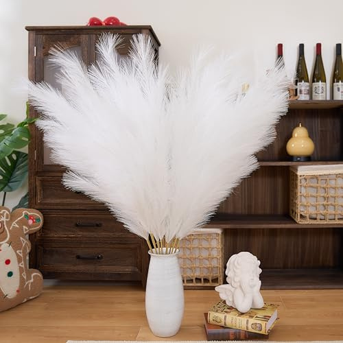 Lote de 8 hierbas falsas de pampa blancas de 110 cm, grandes flores artificiales suaves de la pampa, largas flores falsas con plumas para una boda bohemia, un dormitorio, una sala de estar