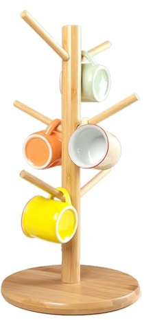 ADERTOS 6 Cup Mug Tree Wooden Mug Tree Stand Wood Mug Rack Bamboo Cup Holder Tree Coffee Cup Holder Storage Organizer Kitchen Storage Rack with Anti-Slip Weighted Base for Coffee Tea Mugs Cups