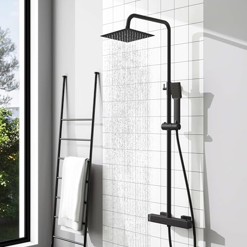 Ducha Casa Columna Ducha Termostática Cuadrada Altura Ajustable, Alcachofa de Ducha Lluvia Negro Mate para Baño