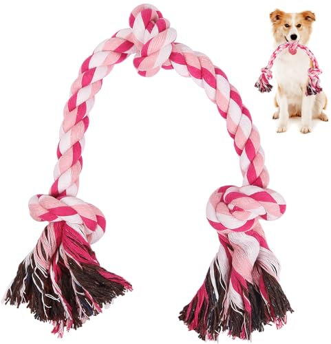 SZEETECH Dog Rope Toy, 63cm 3 Knots Chew Pull Toy for Large Medium and Small Dogs, Natural Cotton Dog Pull Rope for Tug of War and Teeth Cleaning (Pink)