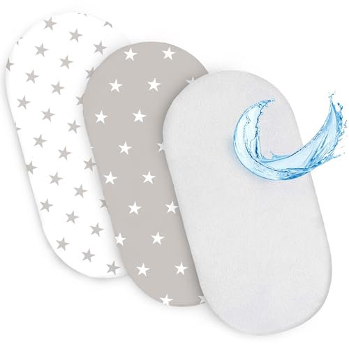 Sábanas Ajustables para Cochecito de bebé Juego de 3: 35x75 cm - 2 sábanas + 1 Protector de colchón Impermeable - Accesorios para Cuna de bebé y minicuna 35 x 75