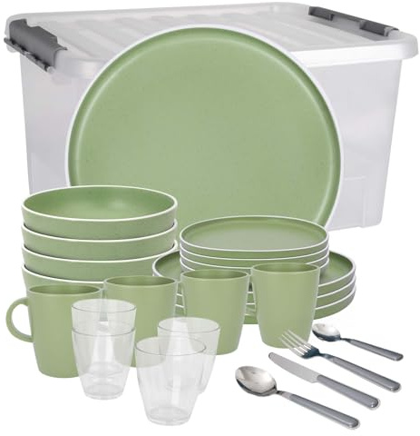 BRUNNER Melamin Geschirr-Set Camping 36-tlg DOLOMIT All Inclusive Stapelbar | Antislip (Antirutsch), 2-4 Personen, wie Steingut (StoneTouch), Bruchfest, Teller Besteck & Becher, Wohnmobil Wohnwagen Boot