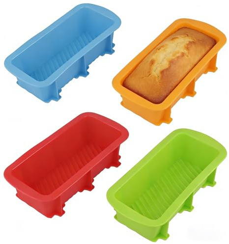 DAKFOOK 4 Pack Silicone Loaf Pans Non-Stick, 2Lbs Rectangle Silicone Loaf Tins, 4 Assorted Colours Bread Baking Molds for Homemade Breads, Cakes, Meatloaf, Brownies, 27 x 12 x 6 cm