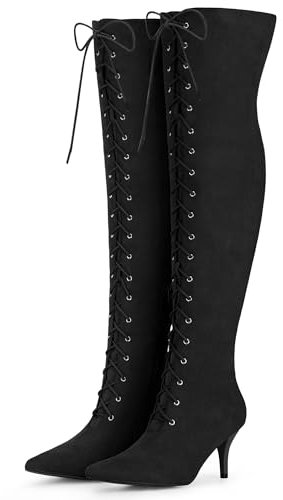 Allegra K Women's Lace Up Stiletto Heel Over the Knee High Boots Black 5 UK/Label Size 7 US