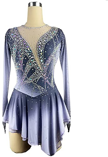 YDHTIZ Professionelles Eislauf Kleid Für Mädchen Handgefertigtes Eiskunstlauf Wettbewerb Kostüm Langärmliges Farbverlauf Silber Netzrock Für Rhythmische Gymnastik Strasssteine Rollschuhlaufen