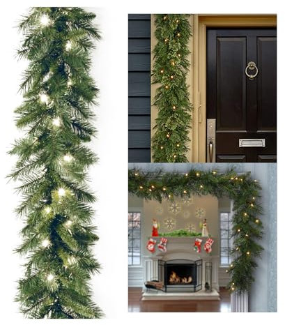 Guirlande de Pin et Cèdre - Décoration de Noël en Rotin pour Cheminée, Table, Rampe, Escalier - Intérieur et Extérieur (Vert-B)