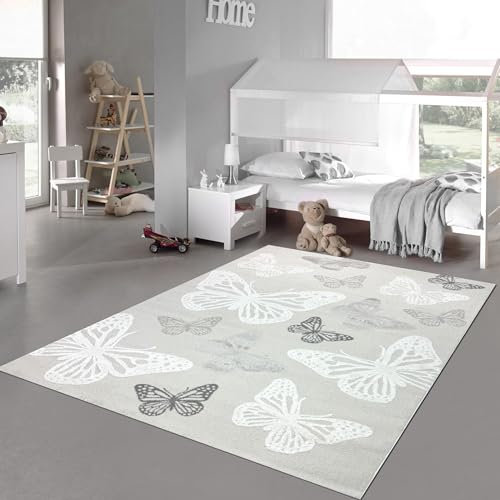 Teppich-Traum Teppich Kinderteppich flauschig Höheneffekt hell dunkel Schmetterlinge Creme weiß, 240 x 340 cm
