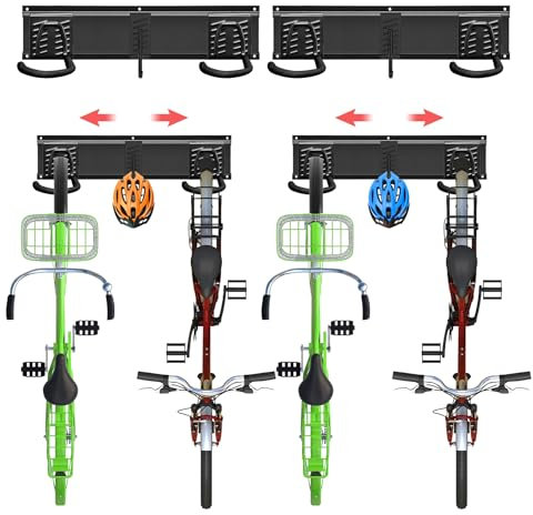 Mimoke Supporto da parete per bicicletta con gancio per casco, soluzione salvaspazio e stabile per garage e appartamenti, facile da montare, ideale per riporre la vostra bici e accessori (per 4