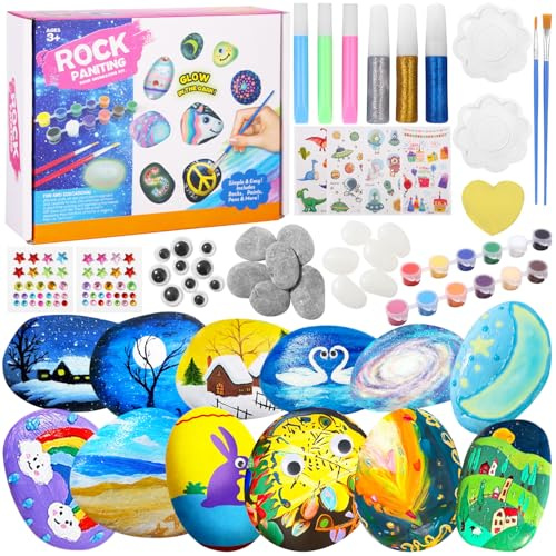 Kit de Peinture sur Pierre pour Enfants, Activites Manuelles pour Enfants, 12 Galets a Peindre Décorer avec 12 Peintures, Cadeau Créatif pour Convient Aux Garçons et Filles de 3 4 5 6 7 8 910 Ans+