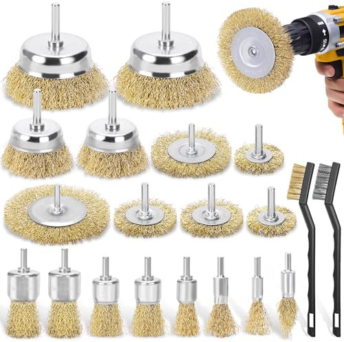 DazSpirit 18-Teilig Drahtbürste Bohrmaschine, Messingbeschichteter Drahtbürste Akkuschrauber mit 6mm Rundschaft, Schleifbürsten Ideal zum Entfernen von Rost, Polieren und Reinigen
