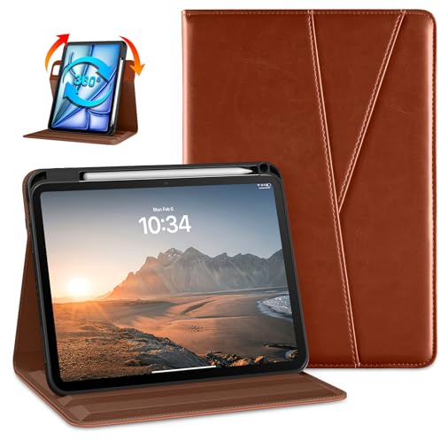 DTTO Custodia rotante per iPad Air 11 M4 / M3 / M2 (2026/2025/2024), iPad Air 5a/4a generazione (2022/2020), girevole a 360°, in pelle di alta qualità, con portapenne, marrone