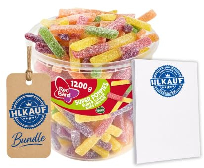 HLKauf Bundle Red Band Süßigkeiten Diverse Sets Mischpaket Grosspackung Büro Box & Notizblock (1x Super Pommes Sauer & 1x HLKauf-Block)