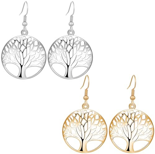 Liitata Lot de 2 paires de boucles d'oreilles vintage arbre de vie - Boucles d'oreilles hip hop punk rock pour femme - Or et argent