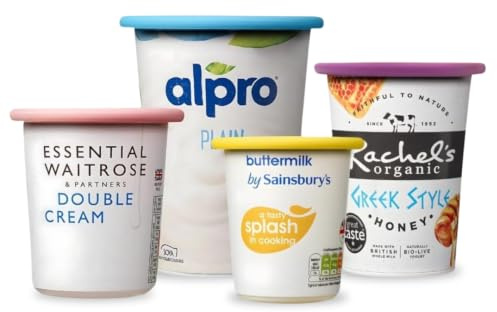 Halsgroves 4 Pack Silicone Yogurt Pot Lids (95mm) – Reusable Airtight Lids (Compatible with Onken, Alpro, Skyr & 500g Pots) – Eco-Friendly Dishwasher Safe Food Saver Caps
