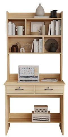 Scrivania in legno massello con libreria, tavolo da lavoro moderno per casa, ufficio e camera da letto, finitura in noce, design compatto (75 x 50 x 185 cm) - Soluzione elegante per riporre oggetti e