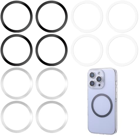 TIESOME Anneaux métalliques universels compatibles, anneau magnétique pour coques de téléphone et chargement sans fil (4 noirs, 4 blancs et 4 argentés)