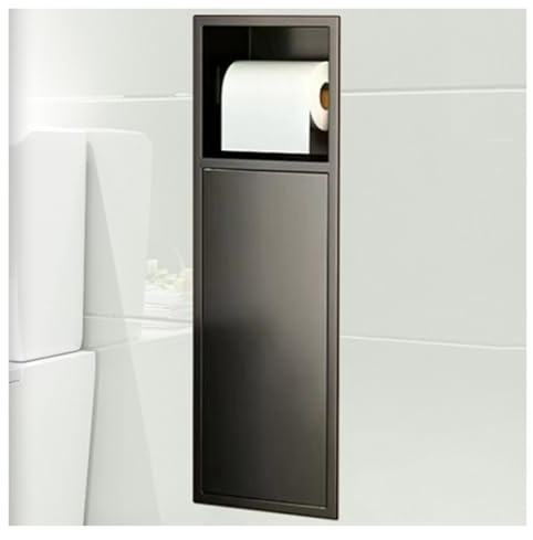 Soporte para escobilla de inodoro de acero inoxidable montado en la pared y armario de almacenamiento de papel higiénico, diseño empotrado impermeable para baño y sala de estar, color negro, 16,5 x 60