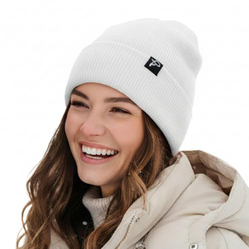 TOP-EX Warme wasserdichte Wintermütze Herren & Damen, Fleece-gefütterte Strickmütze Beanie, Atmungsaktive Lauf- & Skimütze, Outdoor Winddichter, Herrenmütze weiß S/M