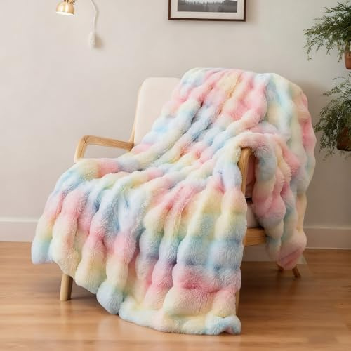 Bubble Kuscheldecke,Flauschige Doppelseitige Decke aus Flanell & Kaninchenfellimitat, Super Soft Sofa- & Wohndecke, 1000 g/m²Dick & Warm für Bett, Couch, Wohnzimmer & Büro (Regenbogen, 160x200CM)