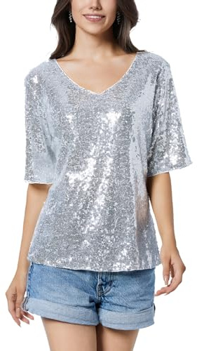 Damen Pailletten Oberteil V-Ausschnitt Glitzer Tops Kurzarm Party Bluse T-Shirt Freizeit Sommer Cocktail Club Night Outfits Silber XL