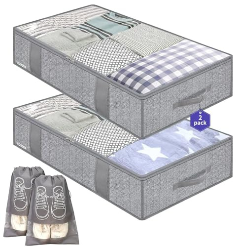 2 Stück Premium Unterbettkommode mit Sichtfenster, Unterbett-Aufbewahrungstasche Kleideraufbewahrung Decken Organisator Lagerbehälter mit 4 Haltegriffen, Faltbar, 100x50x15 cm, Grau