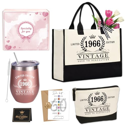 ZJKUBOIS Geschenke für Frauen 60 Geburtstag 9er Set: Tragetasche Groß+Schminktasche Klein+Briefumschläge+Kuvertsiegel Aufkleber+2 Geburtstagskarte+Thermo Becher-Ideal für Einkaufen,Reisen&Alltag