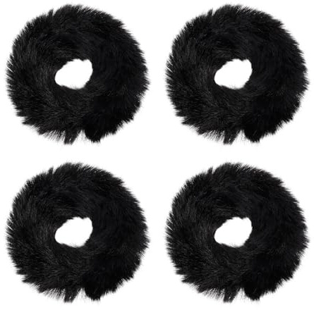 IDEANATEGRATE Coleteros Peludos de Piel Sintética 4 Unidades, Elásticos y Esponjosos, Color Negro, Banda Cabello de Invierno, Gomitas Pelo Mujer, Accesorios para Peinados Diarios y Fiestas