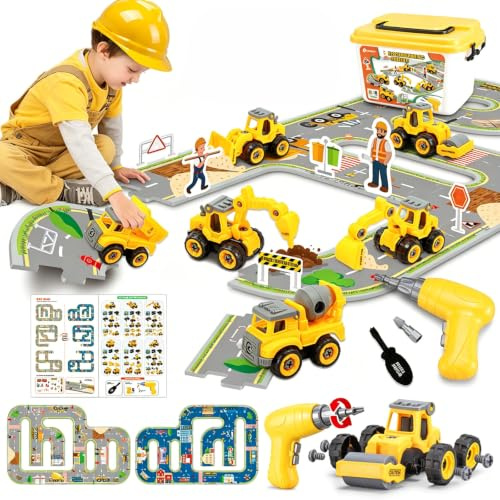 Kids Construction Truck Toy Set with Electric Drill, 6 Take Apart Construction Vehicles Toys with Storage Box, STEM Engineering Digger Toys with Road Map Puzzle Track for Boys Girls Age 3 4 5 6