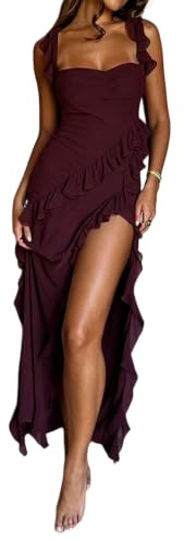 Damklänning med axelbandslös bodycon-passform, volang, sommarklänning för bröllopsgäster, vinröd, liten