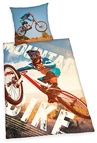 Herding YOUNG COLLECTION Bettwäsche-Set, Mountainbike Wendemotiv, Bettbezug 135 x 200 cm, Kopfkissenbezug 80 x 80 cm, Baumwolle/Renforcé