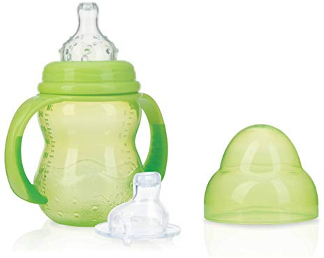Nuby ID1107GREEN Nûby - Trinklerntasse mit 2 Aufsätzen - Non Drip Sauger und No-spill Trinktülle - 240 ml - 0M+, Grün