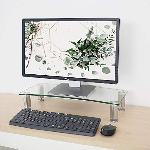 Supporto per monitor da scrivania | Altezza regolabile | alzata schermo per computer, laptop e televisori | vetro curvo nero con gambe in alluminio | 70 x 24 cm (grande, trasparente)