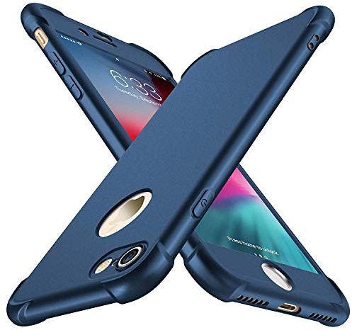 ORETECH Kompatibel mit iPhone 8 Hülle mit 2 Stück Schutzfolie, 360 Grad Stoßfest Kratzfeste Dünn Schutzhülle TPU Silikon Hart PC Handyhülle für iPhone 7/8 4,7 Zoll, Blau