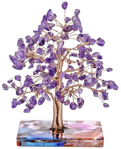 Nupuyai Amethyst Kristall Baum mit Achatscheiben Basis, Edelstein Baum Lebensbaum Geldbaum Glücksbaum für Tisch Büro Feng Shui Deko