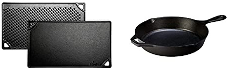 Lodge LDP3 42.55 x 24.13 cm / 16.75 x 9.5 inch Pre-Seasoned Cast Iron Rectangular Reversible Grill / Griddle, Black & L8SK3 26.04 cm / 10.25 inch Cast Iron Round Skillet/Frying Pan