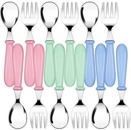 Honeydak 12 Pieces Toddler Utensils Kids Fork and Spoon Silverware Set colored Stainless Steel Safe Flatware Round Handle Utensils Baby Cutlery metal Children Home Restaurant Kitchen Dishwasher Safe