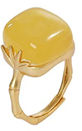 WLLDDDIU Ring Aus 925Er Sterlingsilber, Vergoldet, Bambus, Festival, Bambusblätter, Intarsien Aus Natürlichem Bernstein, Offene, Verstellbare Ringe, Schmuckgeschenke Für Jungen, Mädchen, Männer